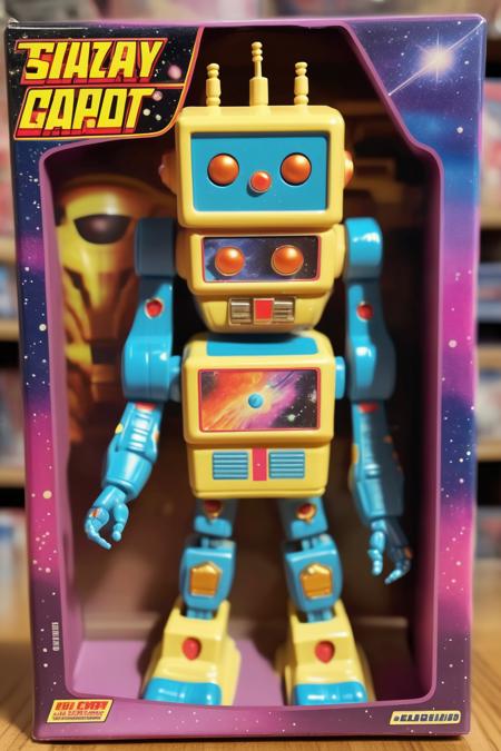 <lora:1987 Action Figure Playset Packaging:1>1987 Action Figure Playset Packaging - a 1990's robot toy with a picture of the galaxy in the chest in front of packaging