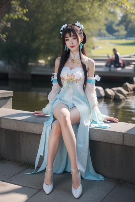 suwen, 1girl, solo, cosplay, hanfu,chinese clothes, necklace,  bare shoulders, detached sleeves, long sleeves, detached collar,shoes,  hair ornament, hair ribbon, hair flower,  jewelry,  long hair, brown hair, bangs,