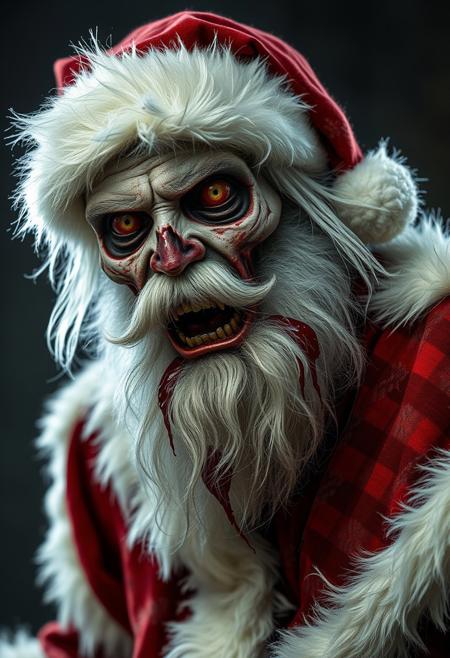 portrait of a zombie dressed as Santa Claus, gore and horrific, highly detailed realistic photograph