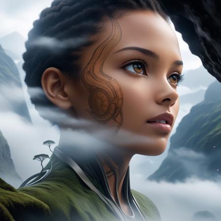 Conceptual art. Double exposure collage. 16K. UHD. high quality, 
photorealism. Diorama. Fog. Dynamic plot of the film "After Earth". science fiction series. Mystic. Stunning full color design, 
sharp focus, 
studio shot, 
intricate details, 
high detail, 
detailed anatomy. Hyperrealism.