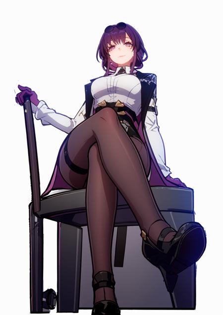 masterpiece, best quality, high quality, highres, best shadow,  1girl, mature woman, Imperial sistersolo,KAFUKAV1,smile,looking at viewer, closed mouth, full body, sitting,legs,from below,head down,arms down,  feets,<lora:KAFUKAV1.5-5:0.9>white background,