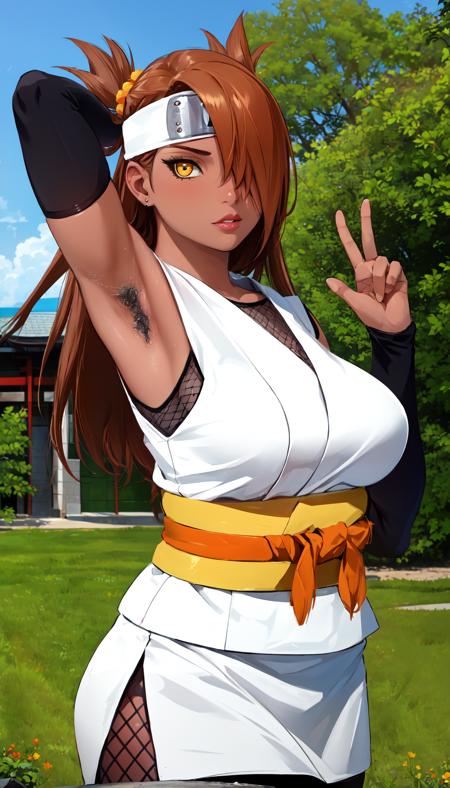 masterpiece, best quality, outdoors, field, forest, grass,
chouchou, 1girl, solo, looking at viewer, upper body, dark skin, yellow eyes, brown hair, orange hair, dark-skinned female, long hair, hair over one eye,
headband, jewelry, forehead protector, japanese clothes, fishnets, sash, thighhighs, breasts, lips, ninja, plump, fat, huge breasts, armpit hair, presenting armpits,
<lora:LoRA_Chouchou:1>, <lora:Concept_Hairy:1>