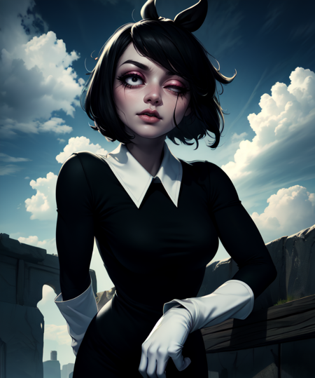 Susie,short hair,bags under eyes,pale skin,wavy mouth,black eyes,(right eye half closed),(left eye open:1.3),
black dress with white collar,black long sleeves,white gloves,black hair ribbon,cowboy shot,
standing,upper body,
night,cloudy,
(insanely detailed, beautiful detailed face, masterpiece, best quality),solo,<lora:Susie-10TO:0.7>,