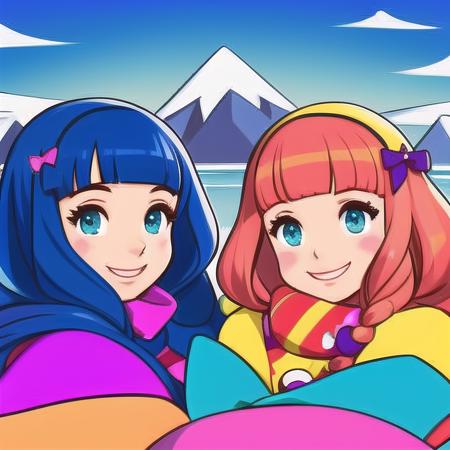 best quality, perfect focus, sexy dress, 2girls, (smile), antarctica, laying, colorful stockings, mountains, colorful long hair, sky, art by optional_styleAI