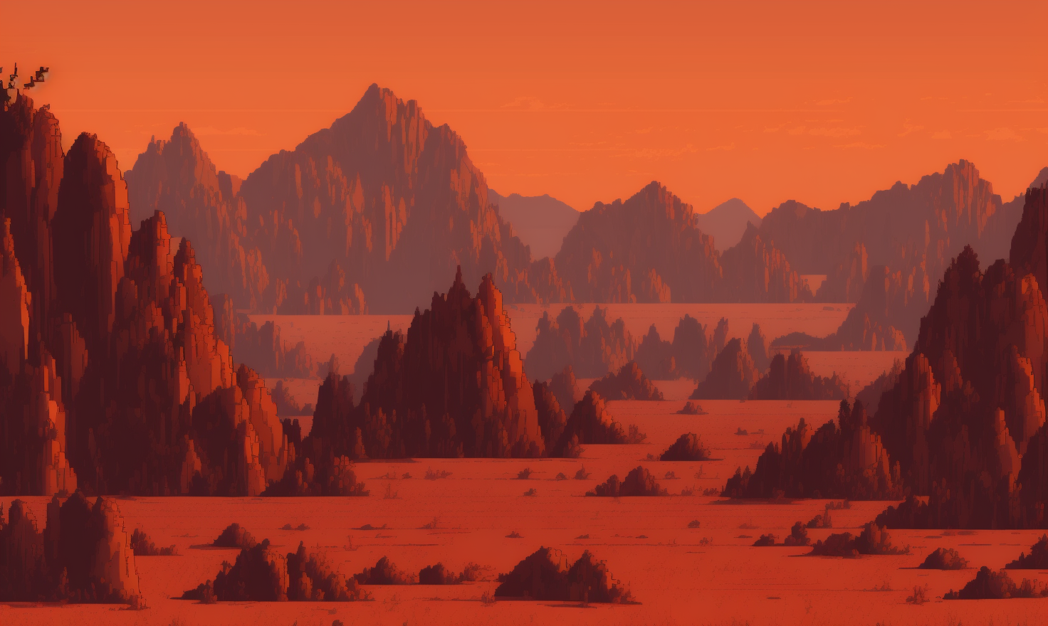 pixelart  Produce an image of a vast and arid desert wasteland, with towering sand dunes, burning heat, and the feeling of...