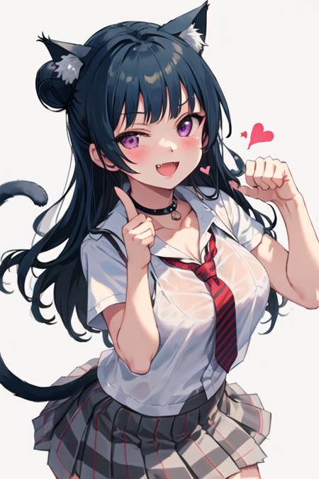 best quality, masterpiece, highres, solo, {tsushima_yoshiko_lovelivesunshine:1.15}, blue_hair, long_hair, bangs, hair_bun, purple_eyes, blush, single_hair_bun, single_side_bun, smile, open_mouth, breasts, 1girl, animal_ear_fluff, animal_ears, black_headwear, black_vest, cat_ears, fang, hands_up, hat, heart, kemonomimi_mode, looking_at_viewer, necktie, red_necktie, shirt, short_sleeves, white_background, white_shirt, cat_girl, cat_tail, collared_shirt, paw_pose, red_skirt, skirt, striped, tail, vest, plaid, striped_necktie, tail_raised, :d, ;d, collarbone, diagonal_stripes, mini_hat, one_eye_closed, plaid_skirt, pleated_skirt, simple_background, spoken_heart, v-shaped_eyebrows