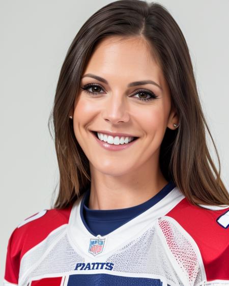 <lora:katnolanv2:0.7>, raw photo, close up, professional headshot, katnolanv2 wearing a New_england_patriots football jersey, neutral background, studio lighting, sharp focus, detailed skin texture, 4k textures, even lighting, well lit, rich colors, looking at viewer, body facing camera, straight on shot, smile, grin, teeth