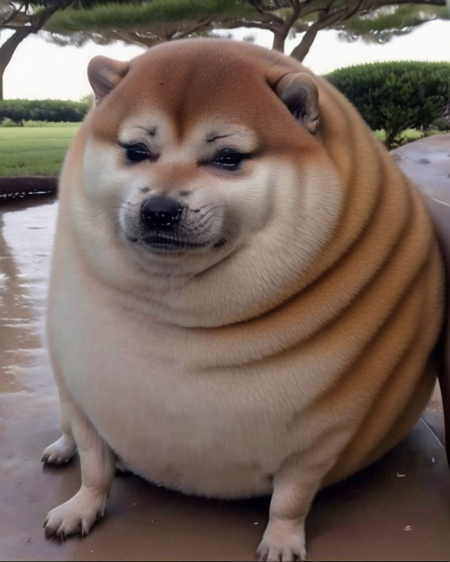 <lora:Round_animal:.9> a cinematic close up of sadcatmeme portrait of rotund, circular, round animal, cheems shiba inu outdoors sitting on a park bench, crying eyes sparkling tears <lora:Cheems_50_2-000001:.85> <lora:sadcatmeme:1>