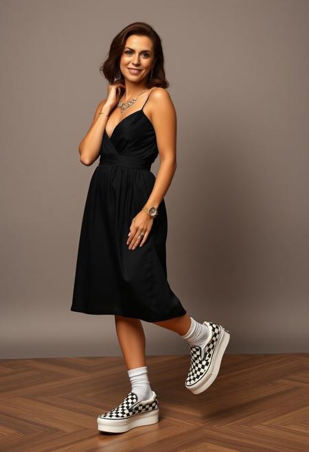 professional photo, detailed photo, perfect lighting
A photo of a 35 year old woman dressed to go to a fancy dinner party.  She is wearing a glamorous, knee length evening dress, expensive jewelry. supermodel pose, She is looking playful and mischievous while wearing a pair of canvas sneakers and socks. Standing on her tippy-toes.
(((Classic Slip-On Checkerboard Vans platform Sneakers)))