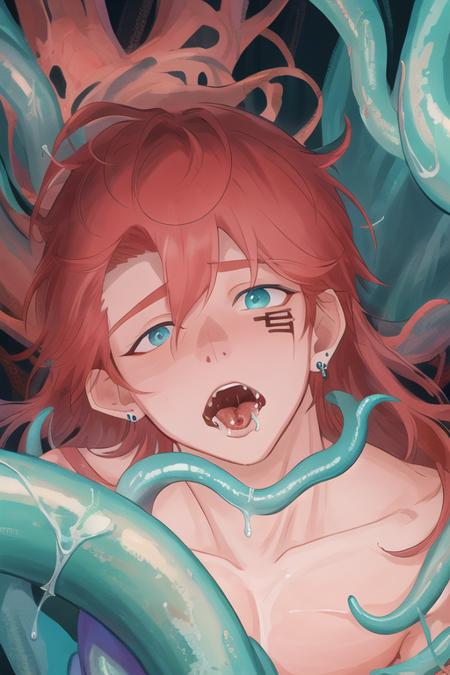 ((best quality,masterpiece, extremely detailed 8K wallpaper)),ultra-detailed,cinematic lighting, detailed light,best shadow, extreme persepctive, from above, oral invitation, (clsoe up:1.3), nsfw, tentacles on male, tentacles sex, 1boy, leonard dung, red hair, aqua eyes, earring, single horn, strip mark on face, shone, precum, horny, piercing, anus, detailed face, detailed reflctive eyes, beautiful eyes, extremely deatiled face,reflective hair, kneeling,