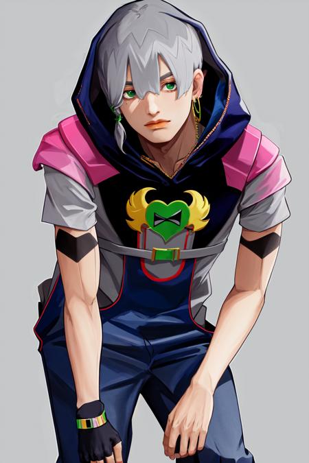 1boy grey hair green eyes earrings blue hoodie short sleeves shirt pants fingerless gloves blue overalls