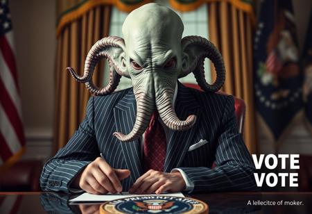 president cthulu in a sharp pin striped suit posing for presidential portrait in the oval office, real photograph, signing bill, empty eyes, lovecraftian, vote for cthulu photorealistic, correct hands, correct fingers, seal of the president of the united states, ad to vote, republican, election year