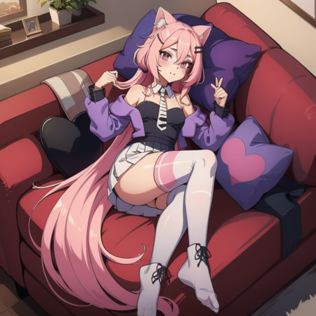 Ayyuri, vtuber, pink hair, very long hair, ponytail, hair between eyes, hairclip, purple eyes, animal ears, animal ear fluff, headset, piano necktie, off-shoulder, long sleeves, pleated skirt, thighhighs, uneven legwear, chunky sole boots, lace-up boots