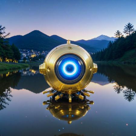 (designed by Hayao Miyazaki:0.7) and (Akira Toriyama:1.1) , anime key visual, Golden ratio, eye-level shot of a Robotic Welcoming ("We are all fools in love.":1.3) , from inside of a Aesthetic Quito, crowded lake and Perseid meteor in background, at Blue hour, FOV 90 degrees, Ultra Real, Flustered, Tonalism, Lens Flare, 80mm, Calotype, League of Legends Splash Art, gilded technique, Unsplash, most beautiful artwork in the world