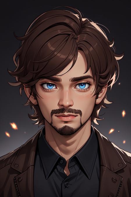 Xander Ellis,  solo,  looking at viewer,  short hair,  blue eyes,  brown hair,  shirt,  1boy,  closed mouth,  jacket,  male focus,  black shirt,  facial hair,  portrait,  realistic,  light stubble, <lora:EMS-45587-EMS:0.400000>