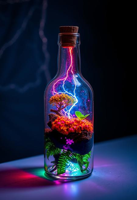 A vivid colorful photograph of lightning in a bottle. Inside the bottle should be an entire ecosystem.