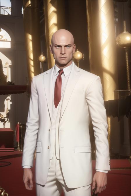 (With_no_beard:1.3),
 standing in front of a golden sculpture in a room with columns and columns,
Standing at attention,
White_suit,White_jacket,Black_shirt,
<lora:Agent47_hitman-KK77-V1:0.8>,Red_tie,bald Head, blue_eyes,
1 old_Man, 50yo,male,looking at viewer,(angry:1.0),
NSFW,official art,extremely detailed CG unity 8k wallpaper, perfect lighting,Colorful, Bright_Front_face_Lighting,
(masterpiece:1.0),(best_quality:1.0), ultra high res,4K,ultra-detailed,
photography, 8K, HDR, highres, absurdres:1.2, Kodak portra 400, film grain, blurry background, bokeh:1.2, lens flare, (vibrant_color:1.2)