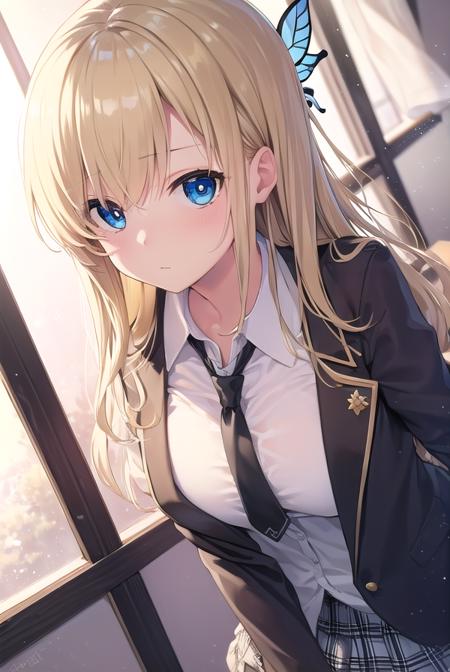 senakashiwazaki, <lora:sena kashiwazaki-lora-nochekaiser:1>,
sena kashiwazaki, blonde hair, butterfly hair ornament, hair ornament, long hair,
BREAK cardigan, checkered clothes, checkered skirt, jacket, long sleeves, necktie, school uniform, shirt, skirt, st. chronica academy school uniform
BREAK indoors, classroom,
BREAK looking at viewer, (cowboy shot:1.5),
BREAK <lyco:GoodHands-beta2:1>, (masterpiece:1.2), best quality, high resolution, unity 8k wallpaper, (illustration:0.8), (beautiful detailed eyes:1.6), extremely detailed face, perfect lighting, extremely detailed CG, (perfect hands, perfect anatomy),