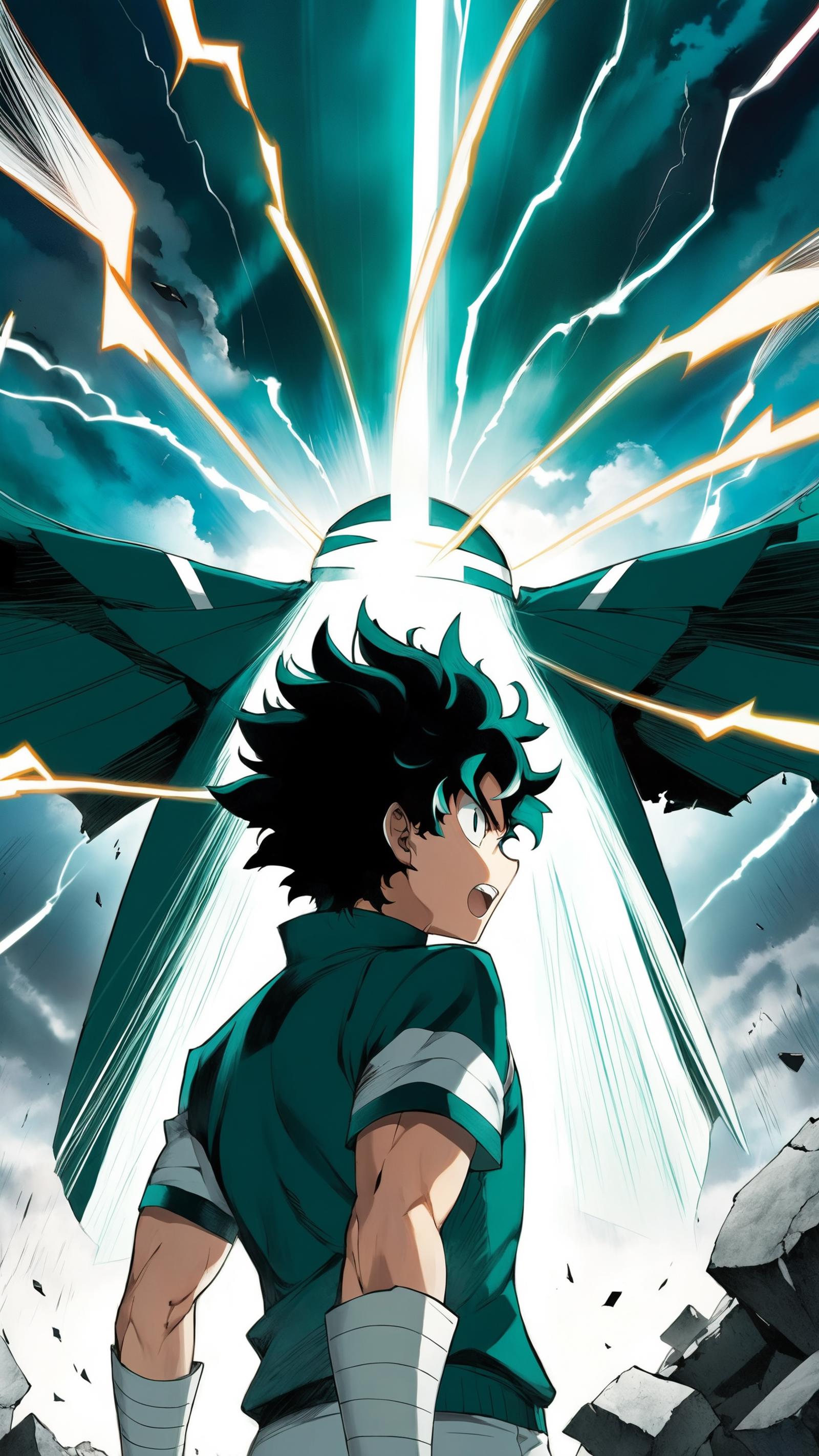 Anime Character in Green Shirt with Lightning Bolts Behind Him