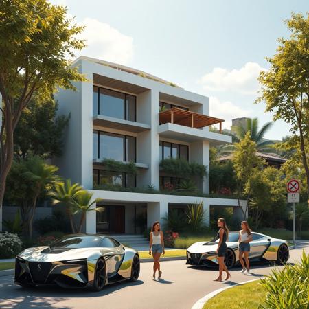 modern building in a city land, there are balcony, terrace, logge, porch, luxuriant vegetation around, some street with two futuristic car, two girl in first plane of view, photorealist, masterpiece, 4k, high details, background a sunny day, some people very happy. The proportions of the objects are perfect