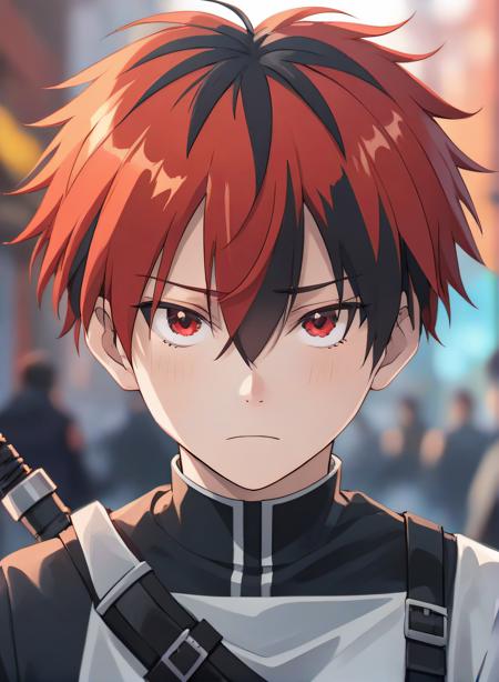 solo,short hair,bangs,black hair,red eyes,1boy,hair between eyes,jacket,upper body,male focus,red hair,multicolored hair,blurry,two-tone hair,fur trim,red jacket