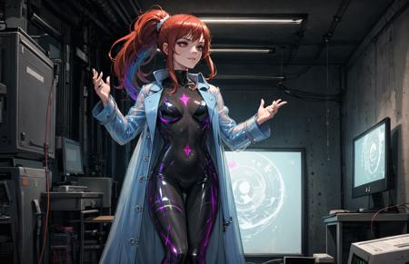 upper body, 1girl, (complex ultra detailed of a demon woman, small breasts, muscles, (wearing see-through holographic prismatic latex exoskeleton trenchcoat:1.5)), (solo) (1girl), (beautifully drawn face:1.2), intricate details, glowing red eyes [boku no hero academia], evil smile, (long red hair ponytail:1.3), dynamic pose, BREAK
(dynamic pose in damp complicated basement full of computers and wires and screens and machinery:1.3) stained glass nails BREAK
illustration, ((masterpiece:1.2, best quality)), 4k, ultra detailed, octane render, directional lighting, realistic shadows, volumetric lighting, highly detailed, high quality, solo, (sketch:1.2) (style-keta:0.78), (qrx:0.51),gbf <lora:epiNoiseoffset_v2:1.7> dark studio, rim lighting, two tone lighting, dimly lit, low key,