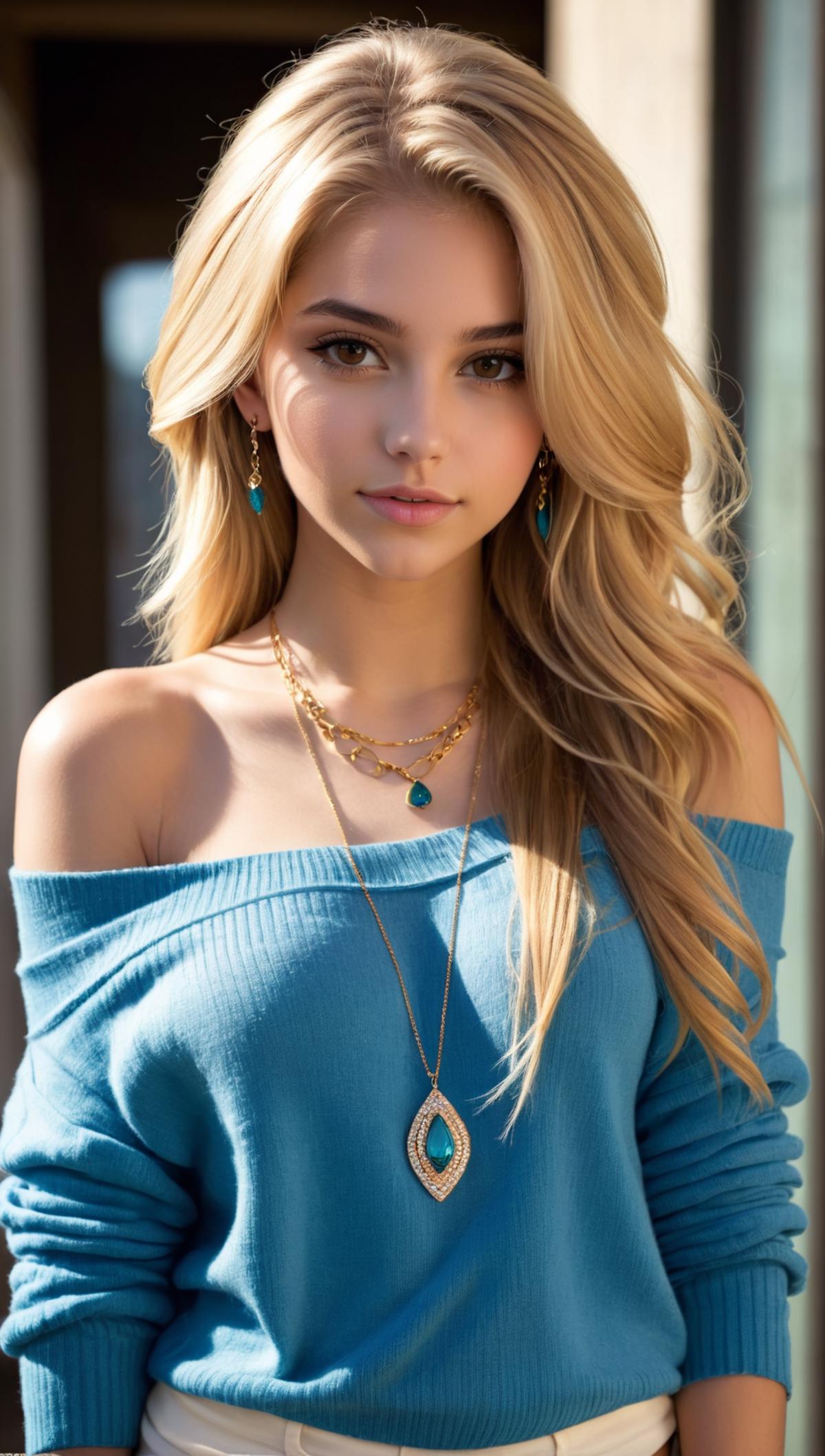 Blonde Woman Wearing a Blue Sweater and Choker Necklace.