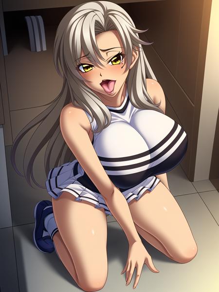 <lora:Mizusawa_Chisato_lora:0.75>, (mole_under_eye:0.8), long hair, yellow eyes, grey hair, dark_skin,
best quality, ultra high res, (masterpiece:1.2), best quality, game cg, highly_detailed,extremely_detailed_CG_unity_8k_wallpaper,illustration,highres,absurdres,
1girl, (full_body:1.3), (mature female), (milf), indoors, from above, (gym storeroom),
Beautiful long legs,Beautiful body,Beautiful Nose,Beautiful character design, perfect eyes, perfect face,
sleeveless, pleated_skirt, sleeveless_shirt, shoes, red_AND_white_shirt, (cheerleader:0.9), (covered nipples:0.7), miniskirt,
(kneeling:1.2), tongue out, (open mouth), looking at viewer, (oral invitation),