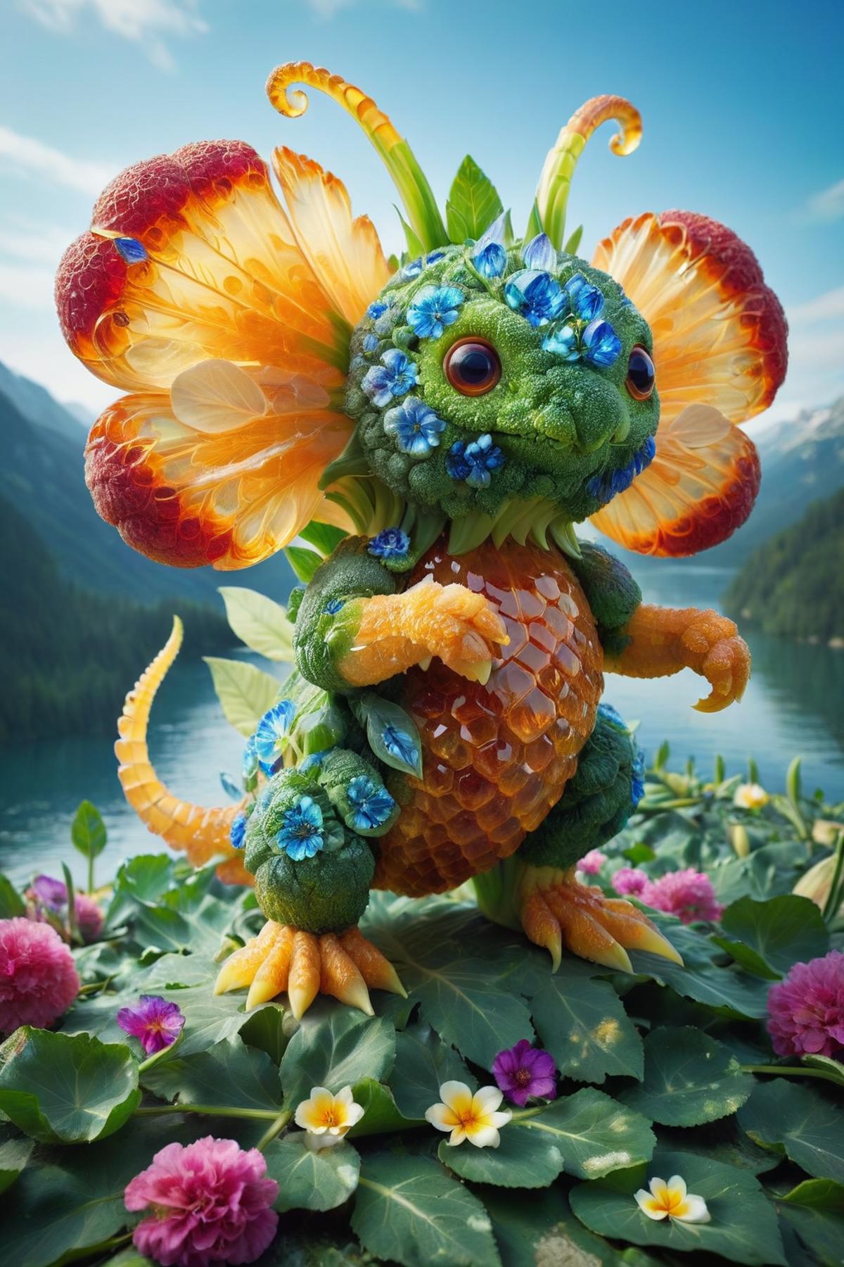 A beautifully crafted toy dinosaur with a flower on its head.