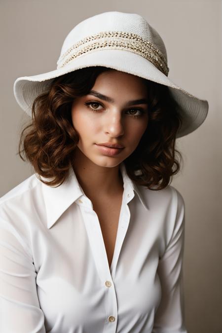 Portrait  in 1960s,curly hair,8k ,cawboy hat <lora:EmilyRATonemoretime:1> 3mrat1o,white shirt