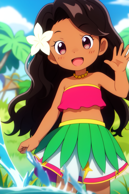 rwleiko, hair flower, dark skin, bandeau, standing, cloud, close-up, green skirt, leaf, water, grass, star /(symbol/), :d