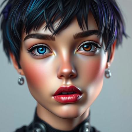 Real photo. a close-up portrait of a cool, half-robotic girl with an androgynous yet feminine appearance. Her skin has a smooth, slightly metallic sheen, reflecting a spectrum of iridescent colors, blending into her natural skin tone. She has short, choppy hair with dark, rich colors that subtly shift to shades of blue and purple, styled in a carefree, messy way.
Her eyes are large and expressive, with one eye showing a vivid electric blue, while the other is a deep, dark black. The black sclera gives her an otherworldly look, and her irises are bright with curiosity.
She has high cheekbones, a slightly pointed chin, and full lips adorned with a soft, matte lipstick in a muted dark shade. Her eyebrows are well-defined, giving her an inquisitive expression. The robotic elements are integrated into her face, featuring sleek, metallic accents along her jawline and temples, enhancing her futuristic vibe.
The background is a soft gradient that complements her vibrant features without overpowering them. The lighting should be soft and warm, illuminating her face to highlight her unique blend of human and robotic characteristics.