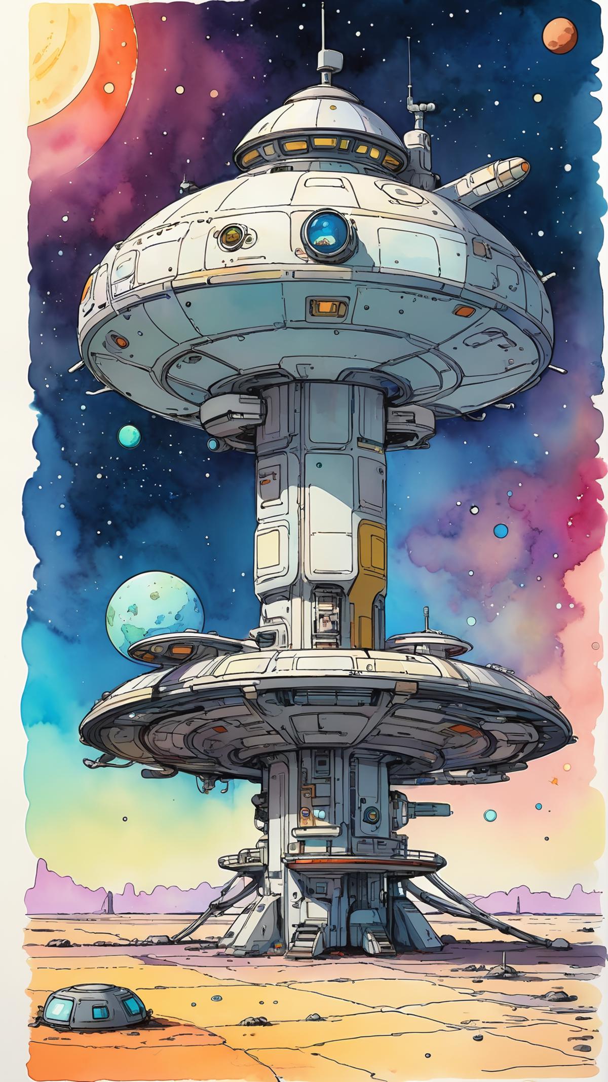 A colorful illustration of a tall building and a space station with multiple planets in the background.