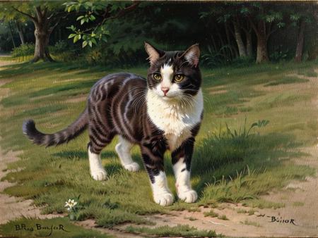 a painting of a cat by Bnhr, no humans, signature, animal focus, grass, outdoors, cat, <lora:bonheur_resize:0.88>