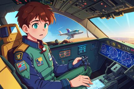 (best quality, high quality:1.3), cg, dramatic lighting, highly detailed, bokeh, 1boy, pilot uniform, piloting, jet plane cockpit, Robotech and Macross theme, action adventure, science fiction, sci-fi, looking at camera, close up