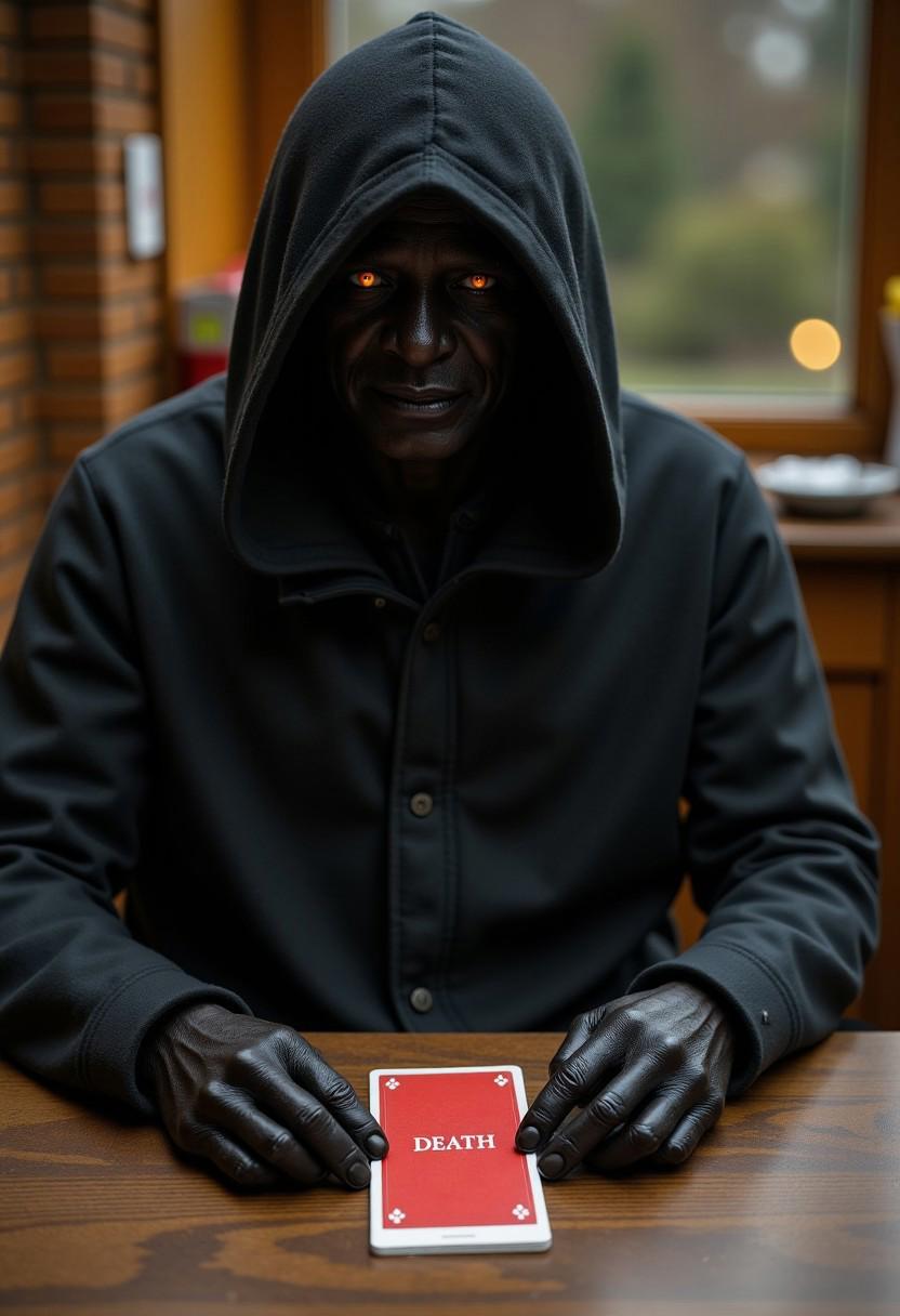 a grim reaper in dark shadowy form with glowing orange eyes, a dark flowing hooded cloak, sitting at a table getting a tarot card reading. The 'death' card is face up prominently on the table, which has the text "DEATH" prominently visible on the card