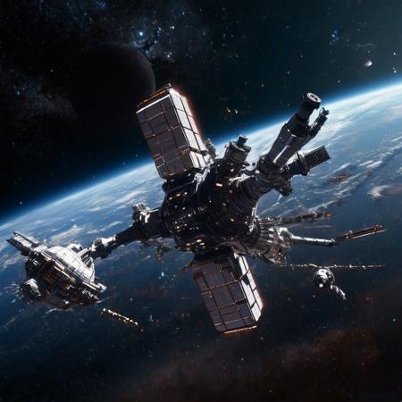 Design a breathtaking scene set in the vastness of space, where a futuristic spaceship is gracefully docking with a massive space station. Imagine this spacecraft as a marvel of human engineering, with sleek lines, glowing accents, and an array of advanced technologies on display. The space station, a towering structure with intricate details and multiple docking ports, serves as a bustling hub of interstellar activity.

As the spaceship aligns perfectly with the docking bay, highlight the intricate dance of mechanical arms and magnetic locks securing the two structures together. Add a dramatic touch with a vibrant nebula glowing in the background, its vivid colors contrasting the dark void of space. Enhance the sense of depth and movement with stars streaking across the scene, creating a captivating starfield.

Include subtle lighting effects to showcase the reflective surfaces of the spaceship and space station, emphasizing their metallic sheen. Perhaps add a few smaller vessels or spacewalkers nearby, providing a sense of scale and additional visual interest. The overall composition should evoke a sense of wonder, showcasing the beauty and excitement of space exploration and the potential of human ingenuity in the future.
