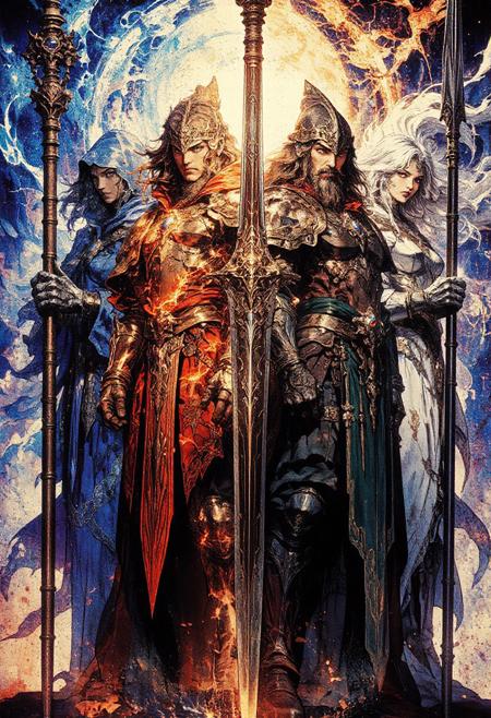 Cinematic photography, Four elemental guardians, diverse and striking features, each representing water, fire, earth, and wind, adorned in intricately detailed armor reflecting their element—flowing blue robes with shimmering droplets, blazing red and gold armor with flickering embers, rugged brown and green plating with stone textures, and ethereal silver garments with swirling patterns, commanding and harmonious presence, each wielding elemental weapons: a staff of cascading water, a sword of living fire, a shield of sculpted earth, and a spear of whirling wind, dynamic and united stance, full-body group shot, low-angle, standing at the luminous Elemental Nexus with swirling energies of all four elements converging, epic and awe-inspiring mood, dramatic lighting with highlights from elemental glows, vibrant color palette blending blues, reds, greens, and silvers, Canon EOS 5D Mark IV, in the style of high-fantasy cinematic film stills.