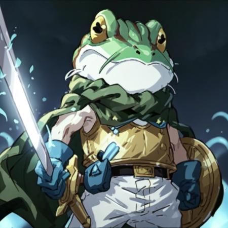 masterpiece, best quality, cartoon, solo, 1boy, Frog_CT <lora:Frog_CT:0.8>, gold breastplate, holding sword and shield, glove, white pants, green cape, dark scene, (blue fire, blue lights)