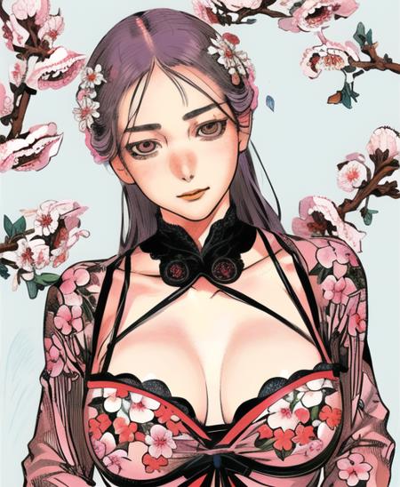 realistic proportions, manga art, ((arakistyle)), artstyle, 1girl, large breasts, woman mature, floral pattern  flower petals, detailed face, (masterpiece:1.3), (best quality:1.1), ((pretty)), ((solo)), makeup, (finely detailed eyes and detailed face:1.3), (beautiful background:1.2), <lora:arakistyle:1.2>