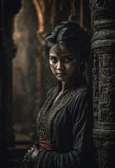 award wining masterpiece photograph converying a sense of dread, full shot of a girl with a sinister smile, searching feverishly for something, wandering hastingly in a dark smoky antique evil temple, detailed face, intricately detailed, dim light, exquisite backlighting, refined editorial photography, dramatic LUT