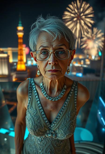 masterpiece, amazing quality, detailed cinematic image, photorealistic front portrait, directional lighting.
photo of a thin, elderly woman with wrinkles, silver haired pixie haircut, reading glasses, wearing an elegant bedazzled evening gown, earrings, necklaces, lace stockings, high heels, hotel balcony overlooking Las Vegas at night, city lighting. 
Perfect Composition, photorealistic image, highest quality, masterpiece, ultra 8k, directional lighting, highly detailed face, high contrast, fireworks explode over the las vegas skyline.