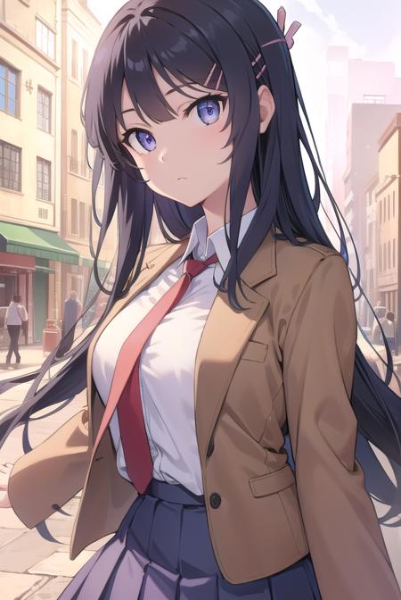 maisakurajima, <lora:maisakurajimatest:1>, sakurajima mai, long hair, bangs, black hair, hair ornament, (purple eyes:1.1), hairclip,
BREAK skirt, shirt, school uniform, white shirt, short sleeves, pantyhose, pleated skirt, collared shirt, blue skirt, black pantyhose, red necktie, jacket, brown jacket,
BREAK outdoors, city,
BREAK looking at viewer, BREAK <lora:GoodHands-vanilla:1>, (masterpiece:1.2), best quality, high resolution, unity 8k wallpaper, (illustration:0.8), (beautiful detailed eyes:1.6), extremely detailed face, perfect lighting, extremely detailed CG, (perfect hands, perfect anatomy),