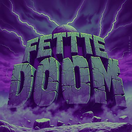 A retro-inspired stoner doom metal album cover where the main focus is the bold, distorted title 'FETTE DOOM' in massive, cracked, stone-like letters. The text appears as if carved from ancient rock, with chipped edges, deep cracks, and moss or grime subtly growing on the surfaces. The letters are uneven and heavy, towering like monolithic slabs under a dark, stormy sky. The entire scene is drenched in a purple and dirty green duotone color palette, evoking an eerie, psychedelic doom vibe. Faint lightning bolts and swirling fog wrap around the text, adding a sense of ominous energy. The background features subtle textures like faded, vintage poster wear and grain. The overall mood is raw, heavy, and hypnotic, with a strong 70s-80s doom/stoner metal aesthetic.