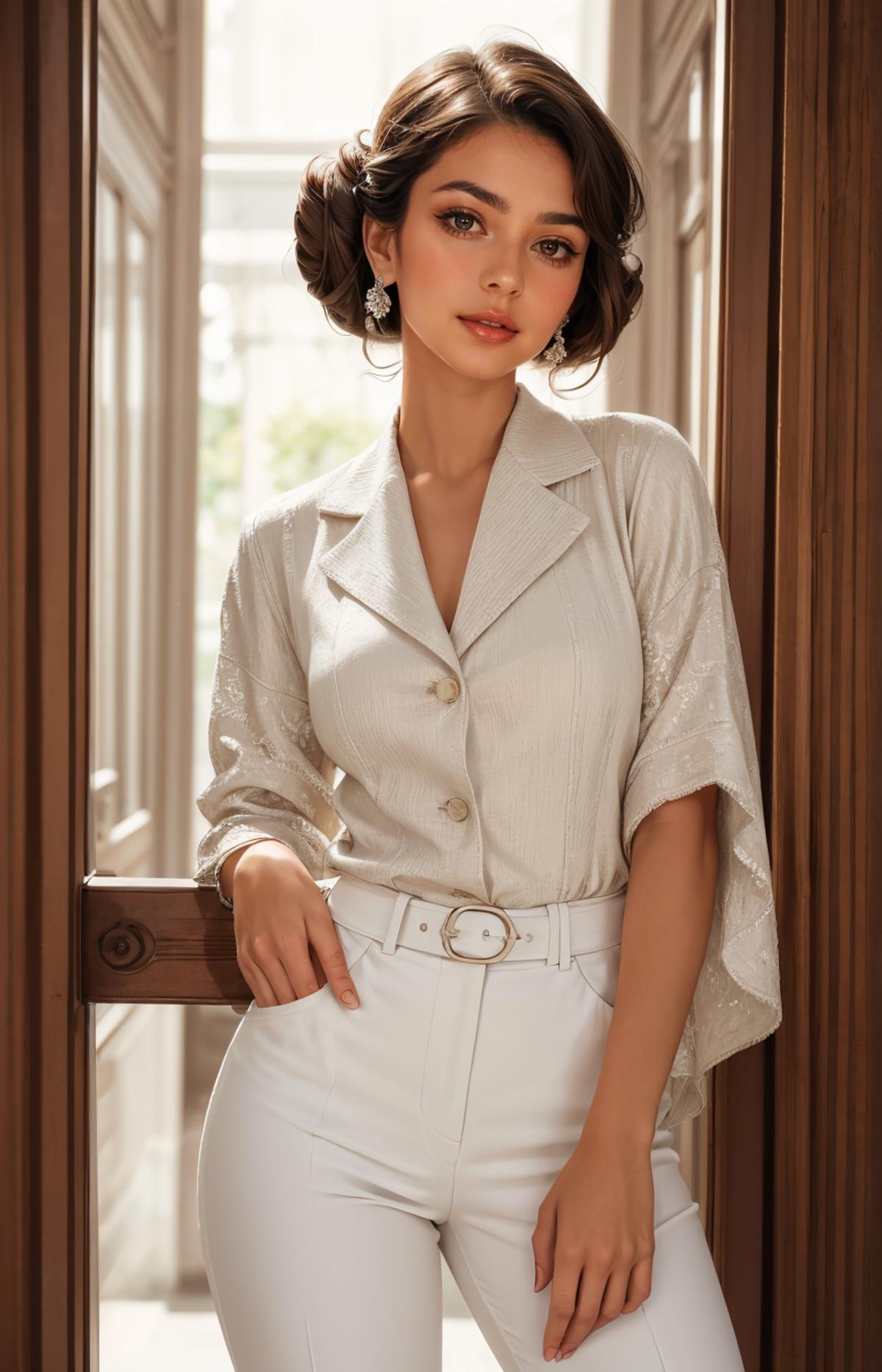 A beautiful young woman wearing a white suit and white pants, with her hands on her hips.
