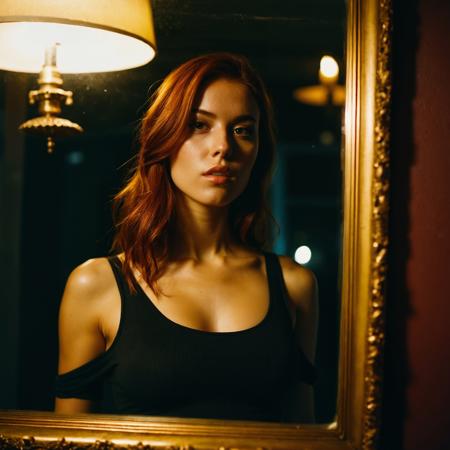 RAW full body analogue photo of a beautiful 20 years old woman, clear focus, 8K,__Random_Woman__,A beautiful young woman discovers an antique mirror that reflects her true, sinister nature, revealing her as a malevolent entity when she gazes into it ,high quality, film grain, Fujifilm XT3, 8k uhd, dslr, film grain, kodak tri-x 400 film, grain photo DOF, faint lighting, dynamic angle, cinematic, Depth of field, bokeh, best quality, cinematic, light particles, highly_detailed, very_aesthetic, golden hour, beautiful_and_aesthetic ,Sexy pose, erotic pose, exhibitionism