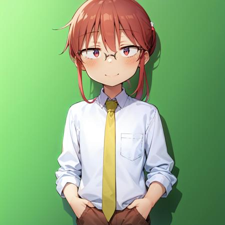 best quality, masterpiece, 1girl, solo, kobayashi \(maidragon\), upper body, smile, closed mouth, ponytail, glasses, red eyes, white shirt, red hair, collared shirt, pants, yellow tie, flat chest, outdoors, shirt tucked in, hands in pockets, small hands, standing, sidelocks, straight-on,