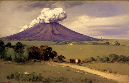 style of Charles Conder, a painting,scene painting,scenery, plot ,farm ,hedgerow, Volcanic ,