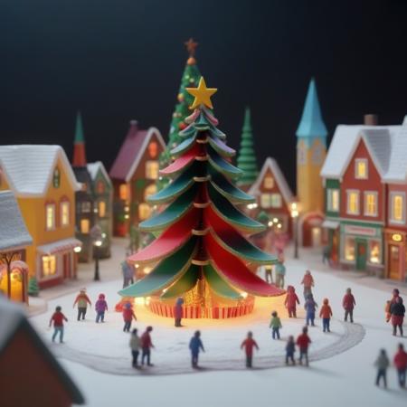 (plasticine:1.4), a festive small town with little people surround a giant christmas tree, against a winter wonderland background of colorful banners and colors,festive, deep rich colors, soft warm lighting, festive, joyful, 8k, highly detailed,