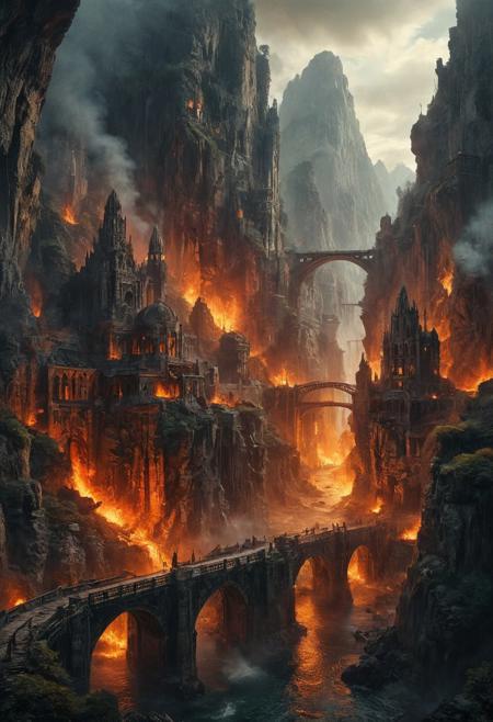A grand, fiery fantasy city carved into a mountainside with intricate architectural designs. The burning city features multiple domed buildings, towering statues, and a large bridge connecting different parts of the city. The scene is set in a dark landscape with rocky cliffs and waterfalls, creating a sense of terror and doom.
